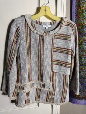 Current Air Striped Fringe Boho Knit Sweater Pullover - Medium